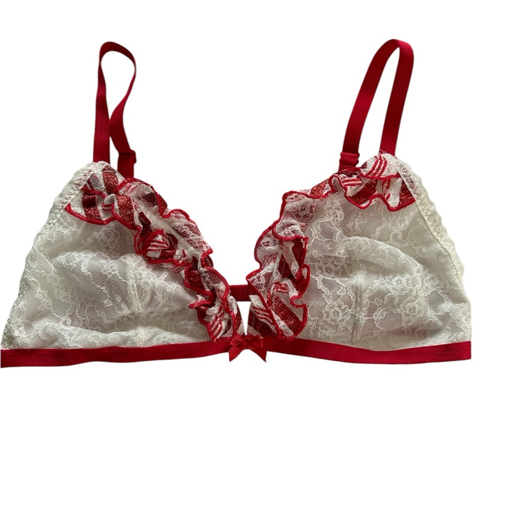 Victoria’s Secret‎ Red and White Lace Bralette Size Large No padding